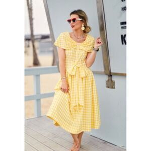New BURU Womens Yellow Gingham Shawl Midi Dress M Cottagecore Prairie $188retail